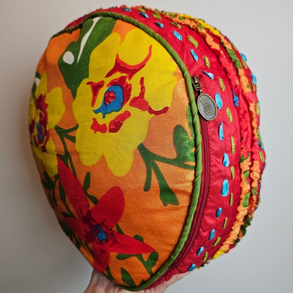 Pier 1 Imports Floral Round Throw Pillow 13" Orange Red Colorful Boho Maximalist - Picture 3 of 8